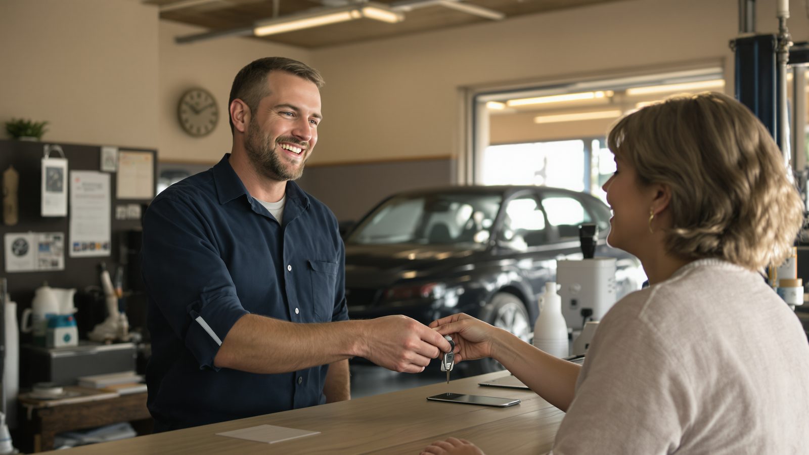 A mechanic smiles as he hands car keys across the counter to a customer at a small auto repair shop.