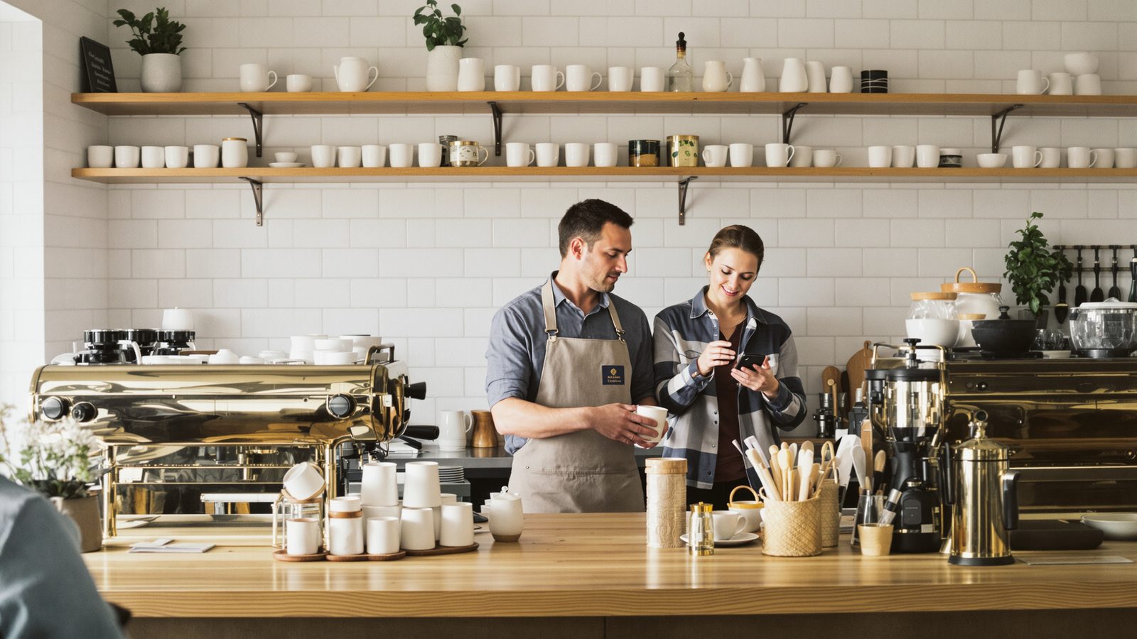 A barista holds a cup of coffee while a customer checks her phone at the counter of a bright coffee shop lined with white mugs.