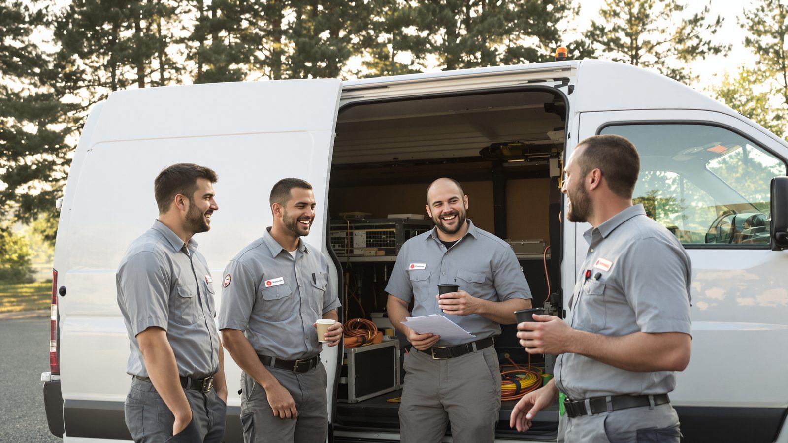 Four HVAC technicians in grey work shirts share coffee and a laugh beside a white service van before the day's jobs