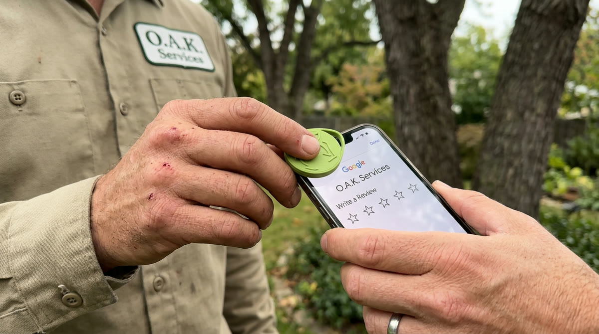 A worker taps a branded keychain to a customer's phone — their Google review page opens instantly
