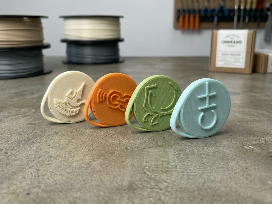 Four keychain colors lined up in our print shop