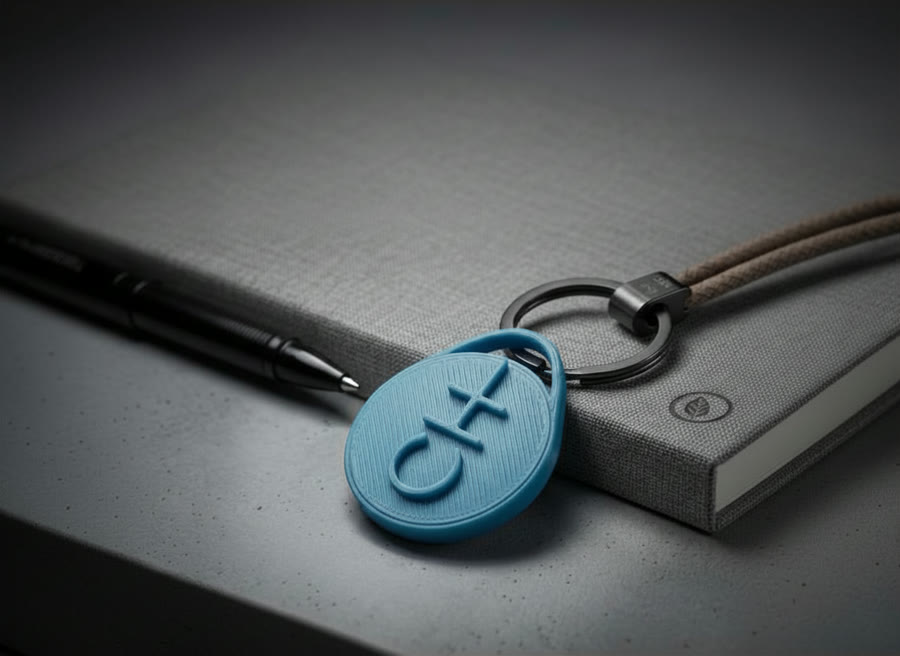 A keychain with an embossed logo